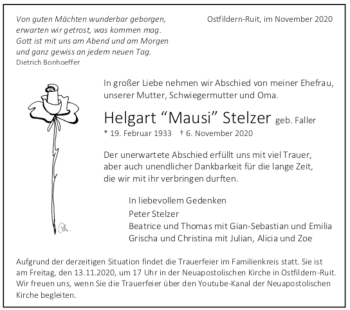 Todesanzeige von Helgart Stelzer von Trauer.de