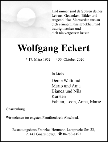 Todesanzeige von Wolfgang Eckert von TRAUER.DE