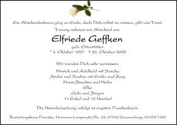 Todesanzeige von Elfriede Geffken von TRAUER.DE