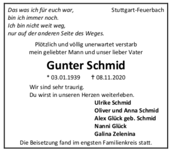Todesanzeige von Gunter Schmid von trauer.de