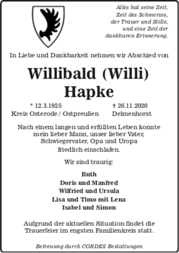Todesanzeige von Willibald Hapke von trauer.de