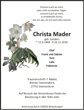 Todesanzeige von Christa Mader von trauer.de