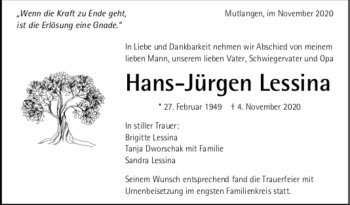 Todesanzeige von Hans-Jürgen Lessina von Trauer.de