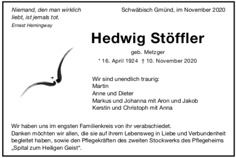  Traueranzeige für Hedwig Stöffler vom 19.11.2020 aus Trauer.de