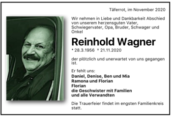 Todesanzeige von Reinhold Wagner von Trauer.de
