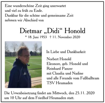 Todesanzeige von Dietmar Honold von Trauer.de