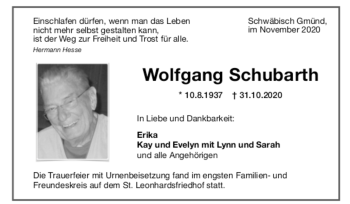 Todesanzeige von Wolfgang Schubarth von trauer.de