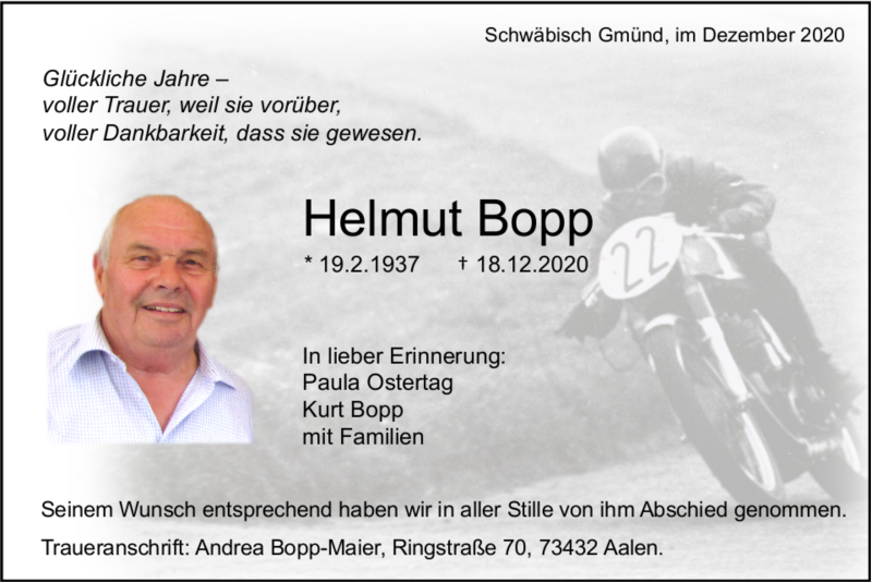  Traueranzeige für Helmut Bopp vom 30.12.2020 aus trauer.de
