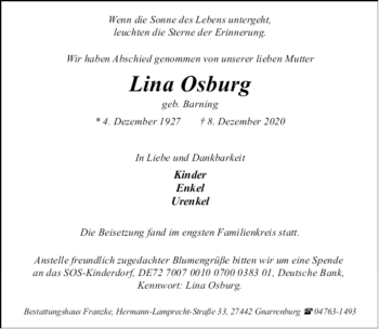 Todesanzeige von Lina Osburg von trauer.de