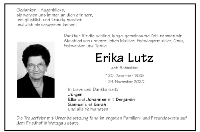  Traueranzeige für Erika Lutz vom 17.12.2020 aus trauer.de