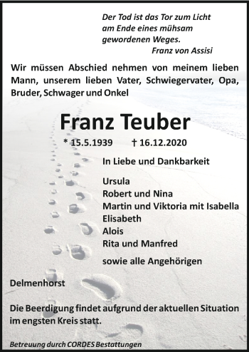 Todesanzeige von Franz Teuber von trauer.de
