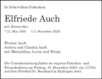 Todesanzeige von Elfriede Auch von trauer.de