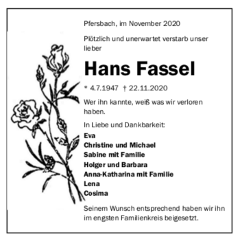 Todesanzeige von Hans Fassel von trauer.de