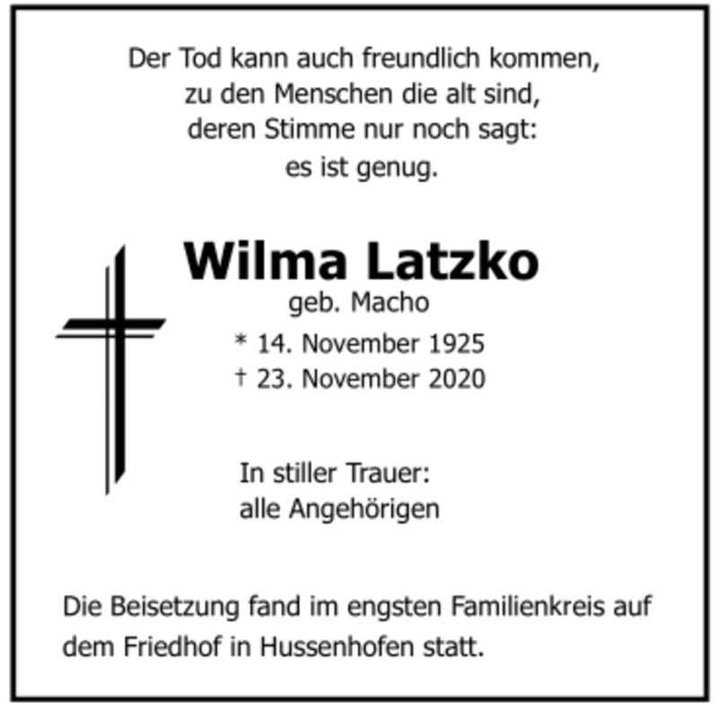  Traueranzeige für Wilma Latzko vom 02.12.2020 aus Trauer.de