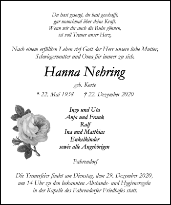 Todesanzeige von Hanna Nehring von Trauer.de