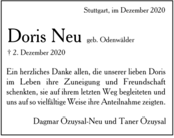 Todesanzeige von Doris Neu von Trauer.de