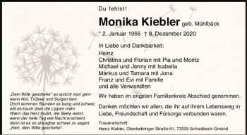 Todesanzeige von Monika Kiebler von Trauer.de