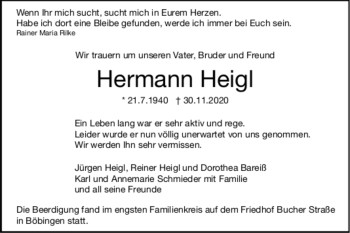 Todesanzeige von Hermann Heigl von Trauer.de