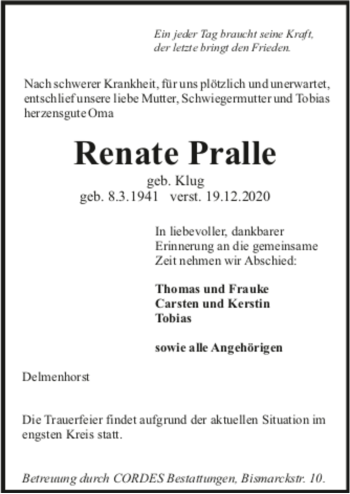 Todesanzeige von Renate Pralle von trauer.de