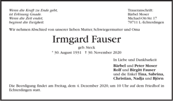 Todesanzeige von Irmgard Fauser von Trauer.de