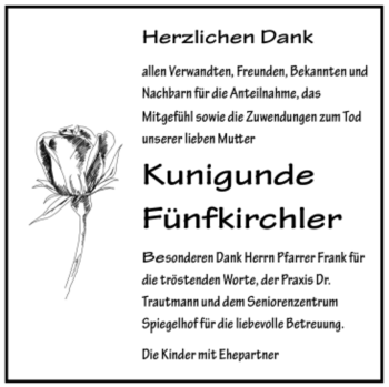 Todesanzeige von Kunigunde Fünfkirchler von Trauer.de