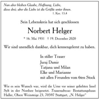 Todesanzeige von Norbert Helger von Trauer.de