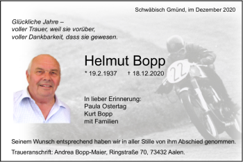 Todesanzeige von Helmut Bopp von trauer.de