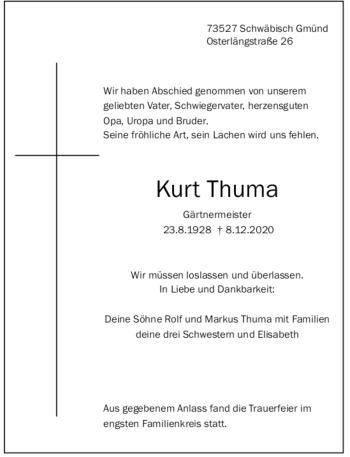 Todesanzeige von Kurt Thuma von trauer.de