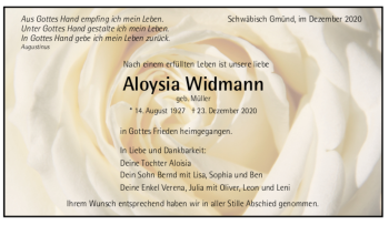 Todesanzeige von Aloysia Widmann von trauer.de