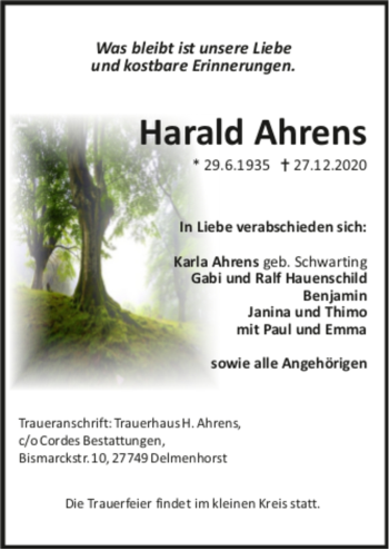 Todesanzeige von Harald Ahrens von trauer.de