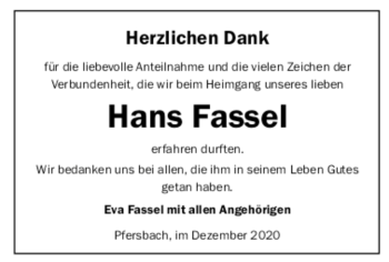 Todesanzeige von Hans Fassel von trauer.de
