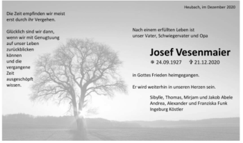 Todesanzeige von Josef Vesenmaier von Trauer.de