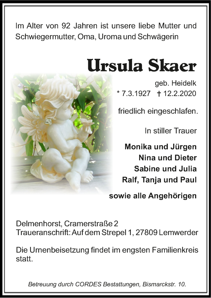  Traueranzeige für Ursula Skaer vom 15.02.2020 aus trauer.de