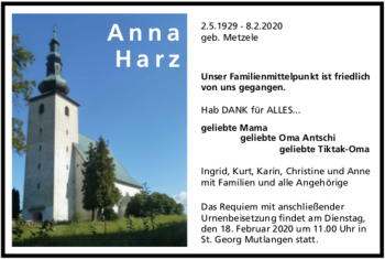 Todesanzeige von Anna Harz von Trauer.de