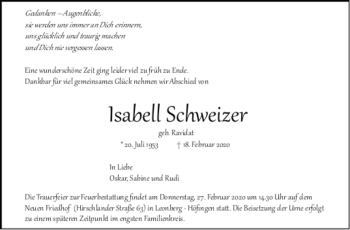 Todesanzeige von Isabell Schweizer von trauer.de