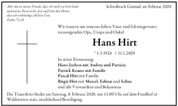 Todesanzeige von Hans Hirt von Trauer.de