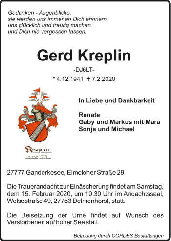 Todesanzeige von Gerd Kreplin von Trauer.de