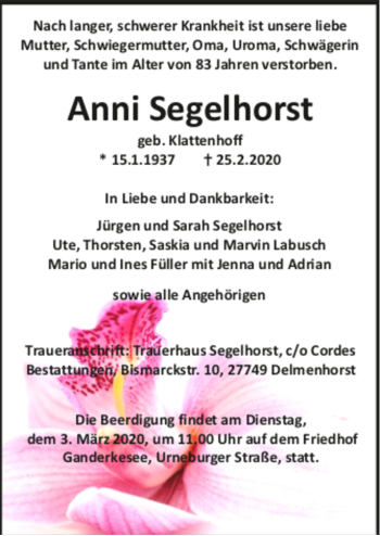 Todesanzeige von Anni Segelhorst von Trauer.de