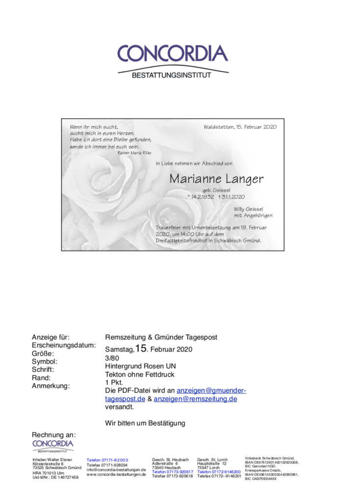  Traueranzeige für Marianne Langer vom 15.02.2020 aus trauer.de