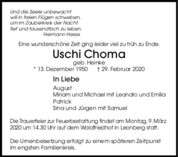 Todesanzeige von Uschi Choma von Trauer.de