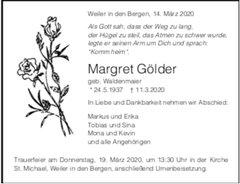 Todesanzeige von Margret Gölder von Trauer.de