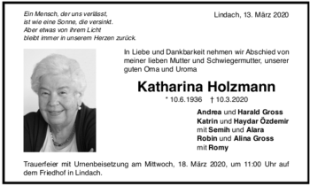 Todesanzeige von Katharina Holzmann von Trauer.de