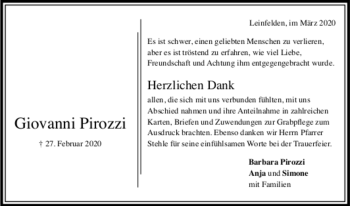 Todesanzeige von Giovanni Pirozzi von Trauer.de