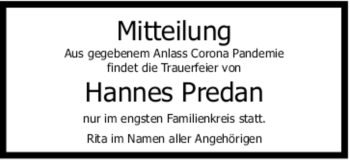 Todesanzeige von Hannes Predan von Trauer.de