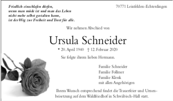 Todesanzeige von Ursula Schneider von Trauer.de