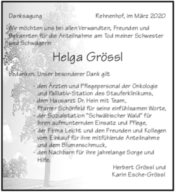 Todesanzeige von Helga Grössl von Trauer.de