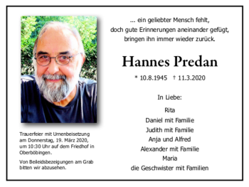 Todesanzeige von Hannes Predan von trauer.de