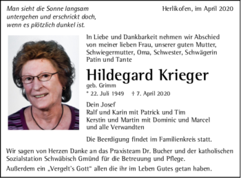 Todesanzeige von Hildegard Krieger von Trauer.de