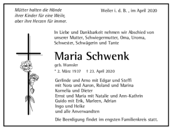 Todesanzeige von Maria Schwenk von trauer.de