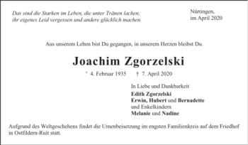 Todesanzeige von Joachim Zgorzelski von Trauer.de